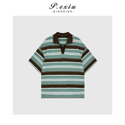 04-3潘依绣丁丁宠粉学院风撞色条纹POLO领短袖T恤 W-63173 商品图0