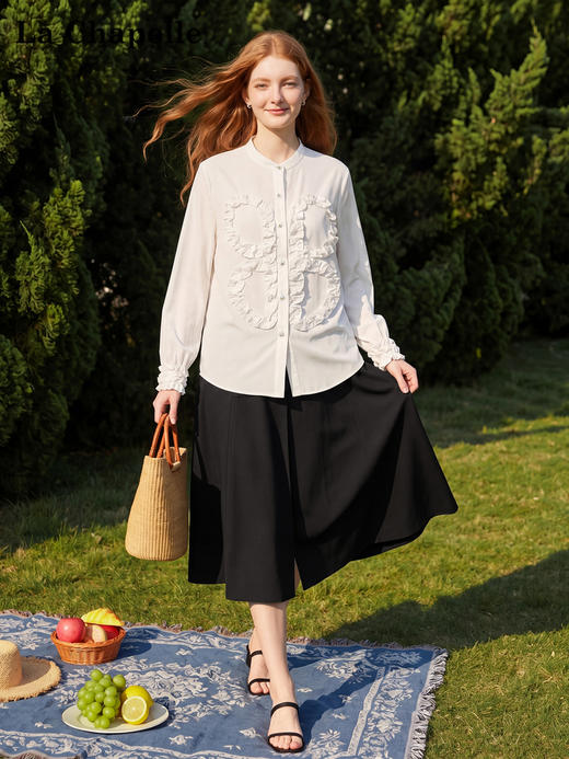 天猫同步【轻奢！法式花边】拉夏贝尔/La Chapelle法式立领轻奢排扣通勤长袖衬衫简约净版气质上衣 商品图1