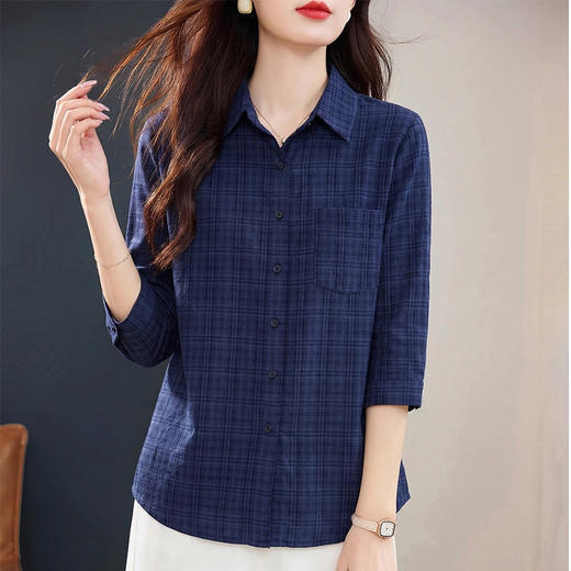 翻领七分袖格子衬衫女士2026春夏季新款中袖格纹衬衣大码显瘦上衣 商品图4