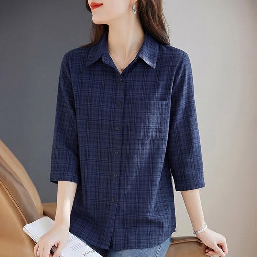 翻领七分袖格子衬衫女士2026春夏季新款中袖格纹衬衣大码显瘦上衣 商品图3