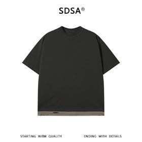 SDSA男装2026新款轻奢潮牌宽松撞色下摆拼接破洞圆领短袖T恤百搭