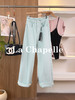 专柜实拍【海盐冰蓝】拉夏贝尔/La Chapelle小众色系！全棉亲肤柔软显瘦高腰单扣腰部毛边设计直筒阔腿牛仔裤 商品缩略图0