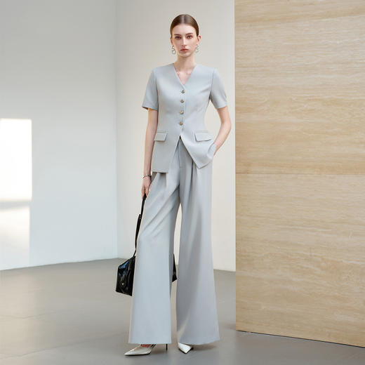 IWY/羽灰色夏季短袖西装套装女高级感职业装通勤阔腿裤正式场合工作服6CP07 商品图3
