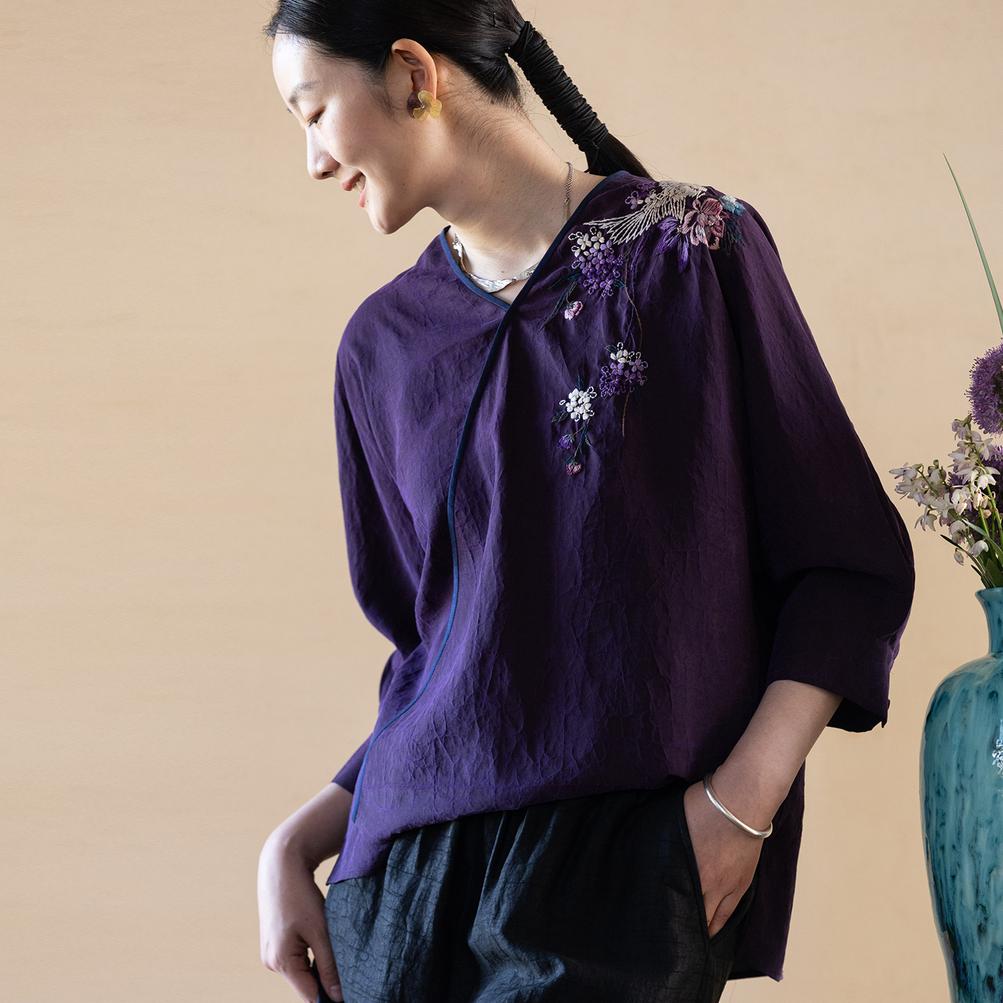 牧衣游原创 22姆米重磅手工刺绣龟裂纹香云纱小衫禅意复古 云然