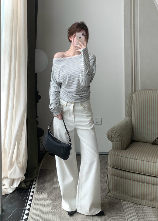 【门店同款】ENJOY春季斜肩蕾丝边条纹上衣 170494322 商品图0