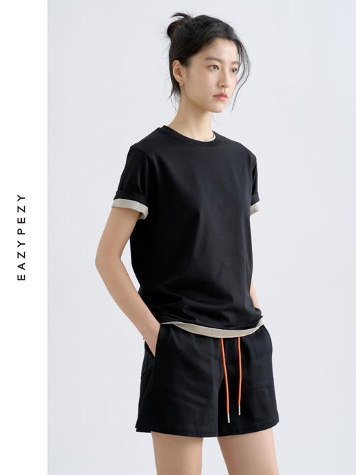 圆领长绒棉真丝亚麻翻折袖T恤 商品图2