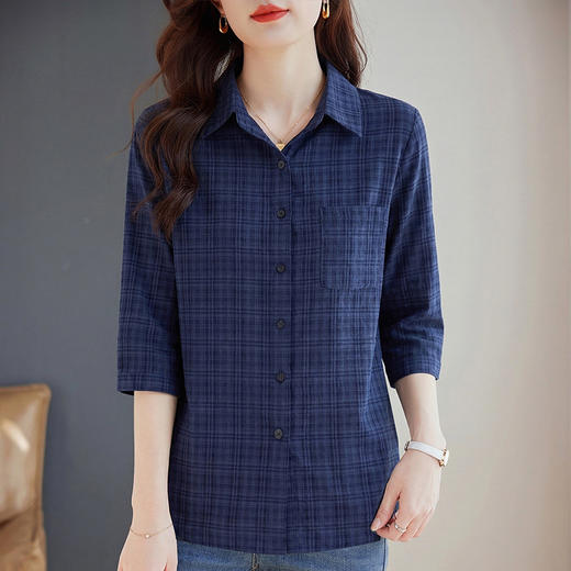 翻领七分袖格子衬衫女士2026春夏季新款中袖格纹衬衣大码显瘦上衣 商品图2