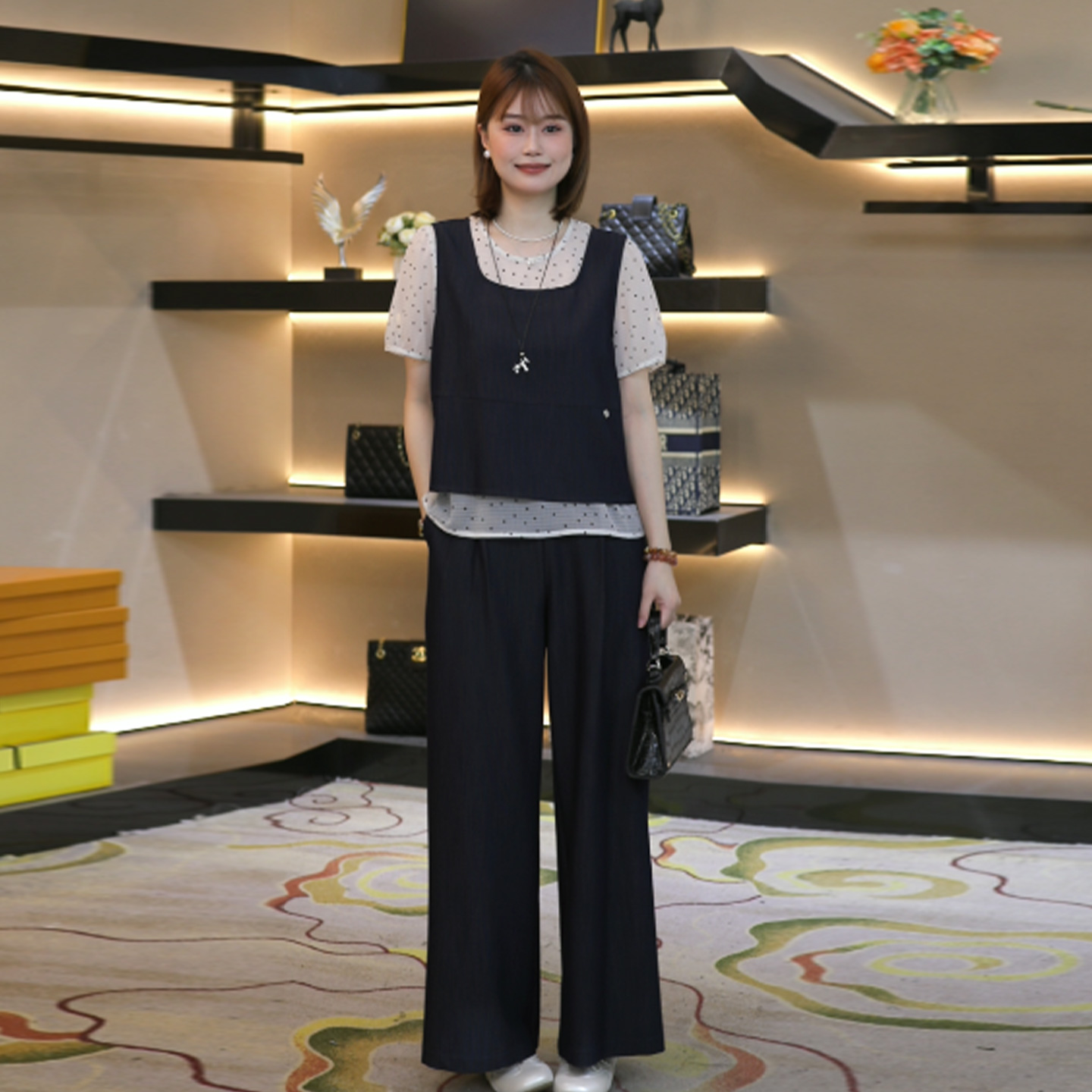 奢姿大码女装2026夏季减龄波点三件套胖妹妹半松紧时尚圆领套装9962954722