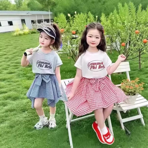 童洛萌女童洋气宽松夏季短袖套裙宝宝新款时髦格子裙薄款休闲两件90-150 商品图0