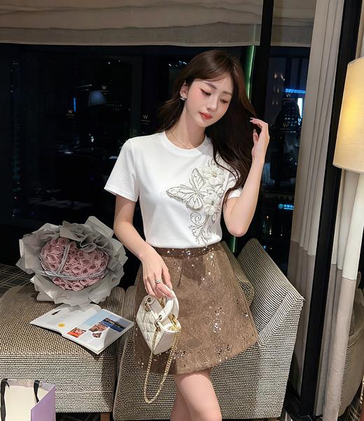 张心子【春晓语蝶】甜美刺绣蝴蝶结T恤短袖法式上衣 U2604018 商品图11