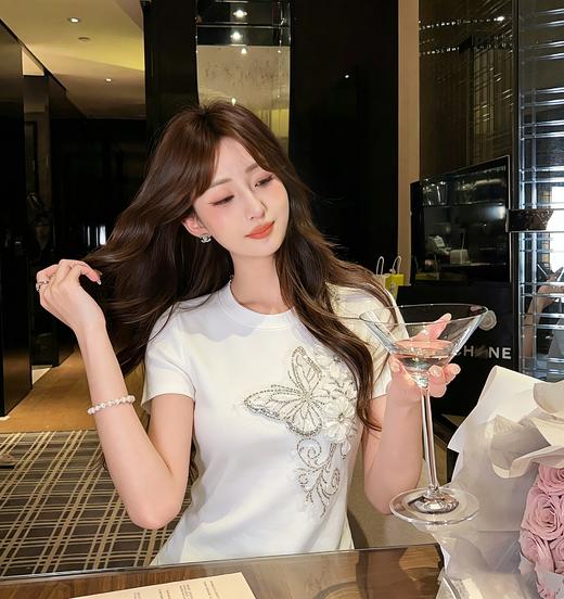 张心子【春晓语蝶】甜美刺绣蝴蝶结T恤短袖法式上衣 U2604018 商品图10