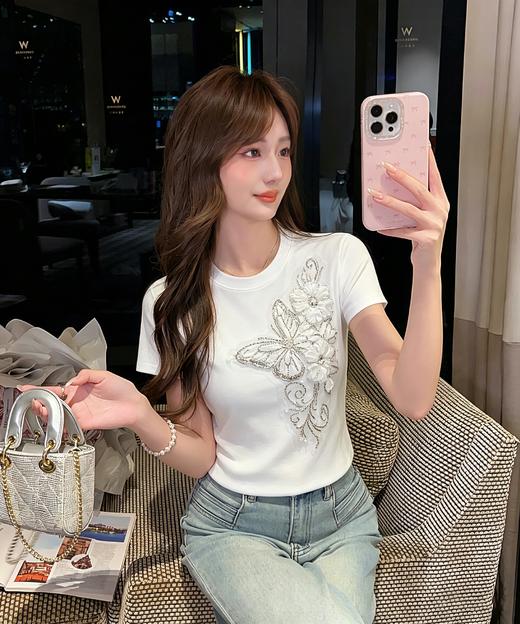 张心子【春晓语蝶】甜美刺绣蝴蝶结T恤短袖法式上衣 U2604018 商品图5