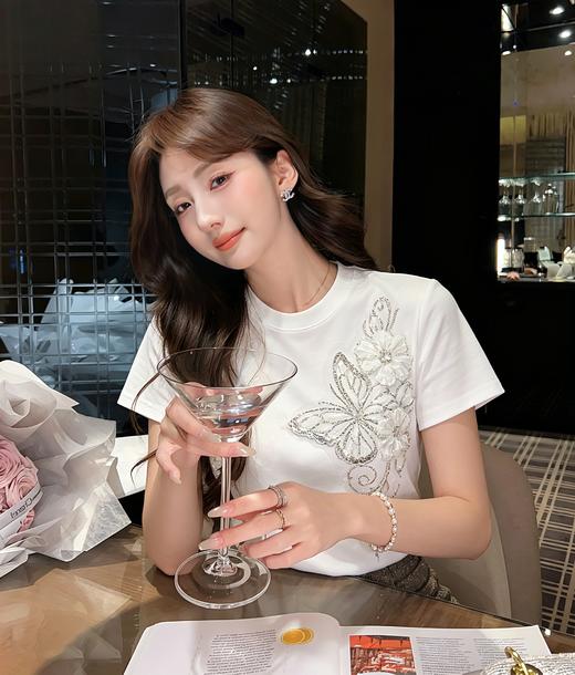 张心子【春晓语蝶】甜美刺绣蝴蝶结T恤短袖法式上衣 U2604018 商品图0