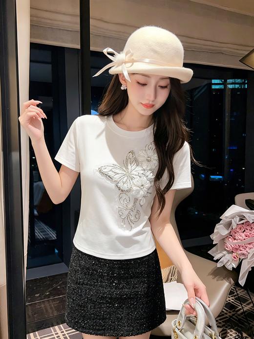 张心子【春晓语蝶】甜美刺绣蝴蝶结T恤短袖法式上衣 U2604018 商品图6