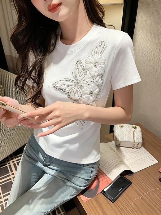 张心子【春晓语蝶】甜美刺绣蝴蝶结T恤短袖法式上衣 U2604018 商品图8