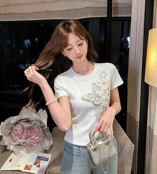 张心子【春晓语蝶】甜美刺绣蝴蝶结T恤短袖法式上衣 U2604018 商品图3