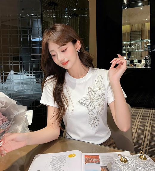 张心子【春晓语蝶】甜美刺绣蝴蝶结T恤短袖法式上衣 U2604018 商品图12