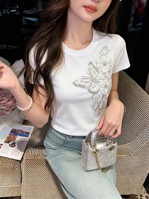 张心子【春晓语蝶】甜美刺绣蝴蝶结T恤短袖法式上衣 U2604018 商品图9