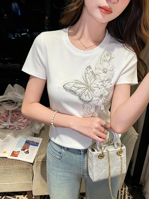张心子【春晓语蝶】甜美刺绣蝴蝶结T恤短袖法式上衣 U2604018 商品图2