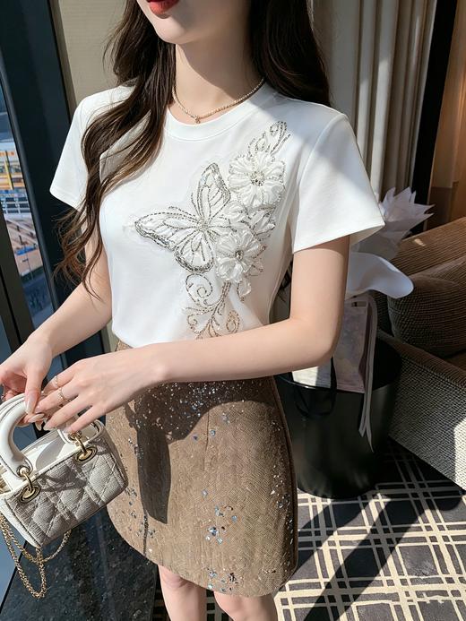 张心子【春晓语蝶】甜美刺绣蝴蝶结T恤短袖法式上衣 U2604018 商品图7