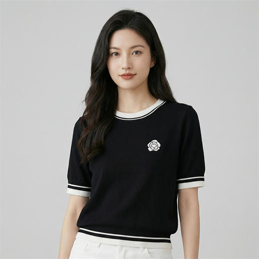 奢姿雅经典山茶花冰丝针织短袖夏季经典撞色T恤M-2XL 商品图5