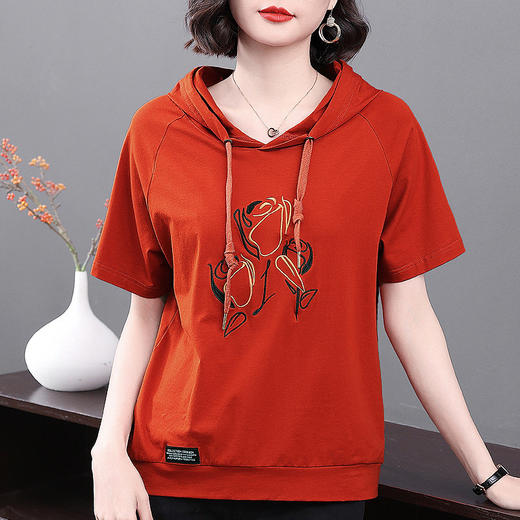 红色连帽短袖t恤女夏季2026年新款大码宽松休闲百搭半袖体恤上衣 商品图3