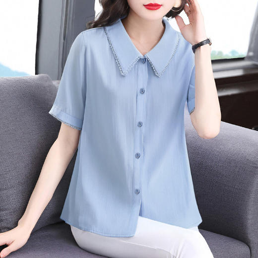 夏季衬衫女薄款短袖遮肚上衣2025年新款宽松减龄蕾丝花边翻领衬衣 商品图2