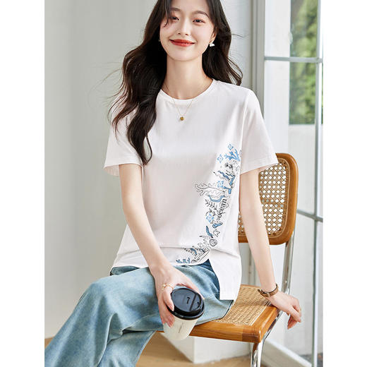芳妮诗纯棉短袖T恤女2026年夏季新款大码女装中长款白色宽松上衣 商品图3