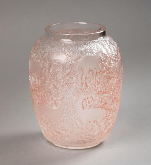 独角鹿西洋古董1932年法国顶级水晶工坊莱俪LALIQUE设计出品「BICHES 小鹿」主题粉色欧泊水晶花瓶 商品图3