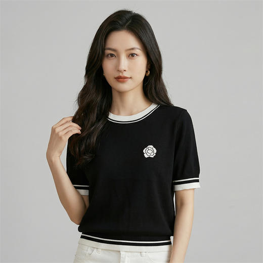 奢姿雅经典山茶花冰丝针织短袖夏季经典撞色T恤M-2XL 商品图4