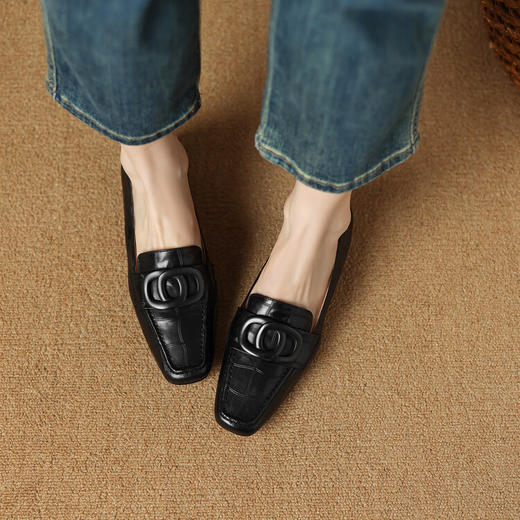 【预售5天】法式乐福鞋女春秋方头中跟粗跟真皮鞋深口头层牛皮单鞋女BE&H10-F3 商品图4