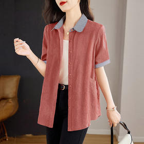 大码棉麻女士短袖衬衫2026新款夏季宽松全棉t恤衫中长款纯棉上衣