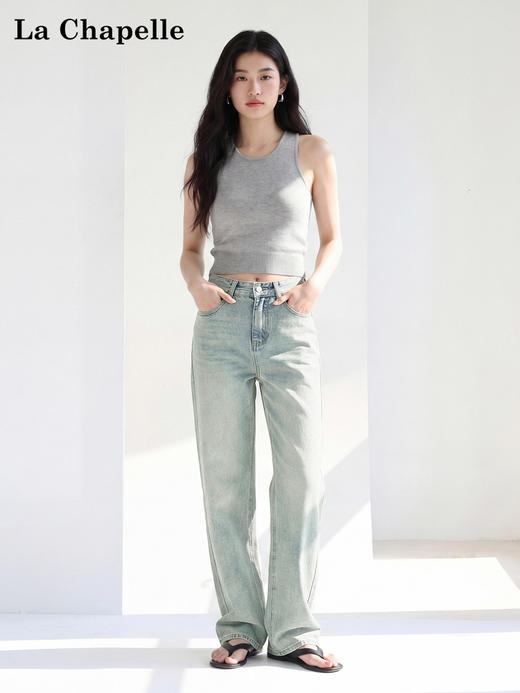 天猫同步【梨形本命裤】拉夏贝尔/La Chapelle高质含棉高腰一粒扣撞色后口袋宽松显瘦阔腿牛仔长裤 商品图1