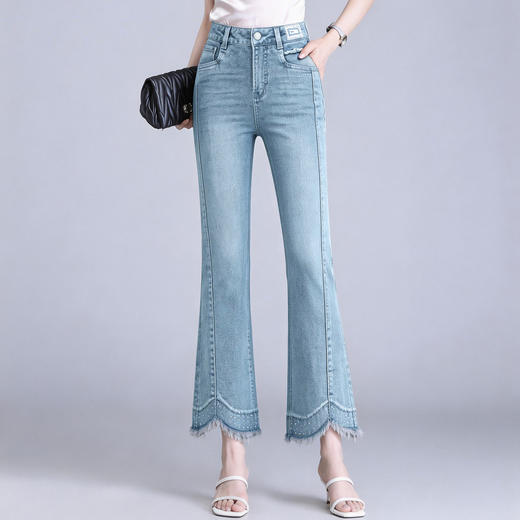 「自」全新升级【铂金会员183/天猫239/差价56】(12921)洛诗琳气质不规则微喇牛仔裤女2026夏季高腰修身百搭九分 商品图0