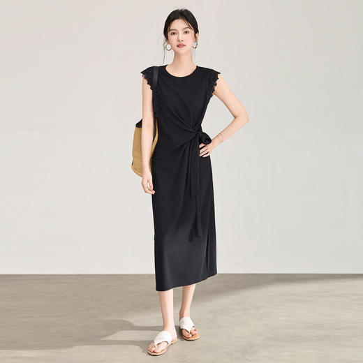 「高货wl」全新升级【铂金会员293/天猫389/差价96】(05513)洛诗琳2026极简气质设计感蕾丝拼接系带收腰修身连衣裙女 商品图1