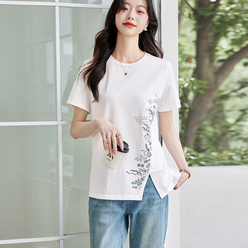 芳妮诗纯棉短袖T恤女2026年夏季新款大码女装中长款白色宽松上衣