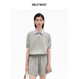 SELFWHO棉混纺撞色笑脸翻领Polo衫女2026夏季新款宽松泡泡袖上衣