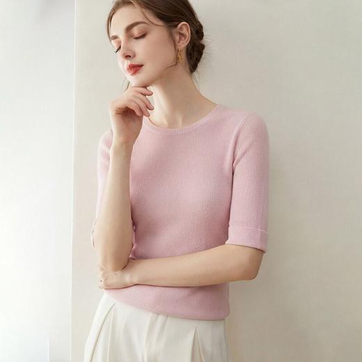 「自」全新升级【铂金会员293/天猫389/差价96】(14009)洛诗琳袖口挽边羊毛针织短袖2026新款优雅修身五分袖上衣 商品图0