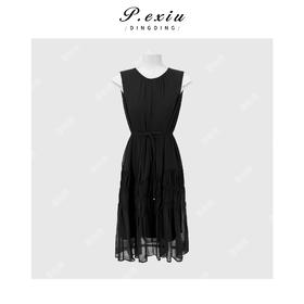 PanYiXiu/潘依绣【黑羽流光】100%桑蚕丝气质优雅褶皱圆领连衣裙 W-63912