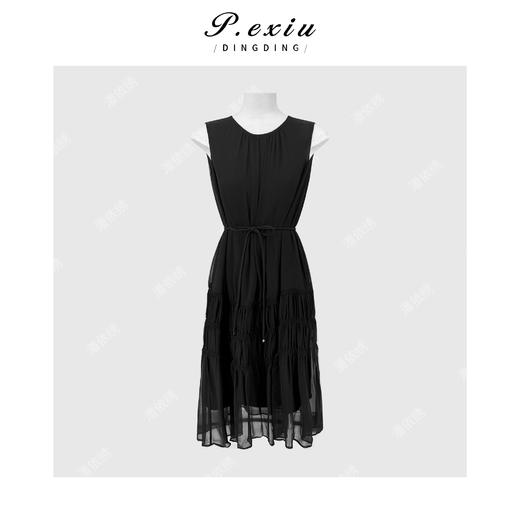 PanYiXiu/潘依绣【黑羽流光】100%桑蚕丝气质优雅褶皱圆领连衣裙 W-63912 商品图0