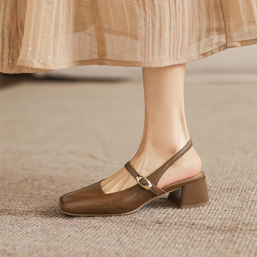 阿么手工女鞋法式气质粗跟凉鞋夏季外穿百搭简约风后空工作鞋5CM 商品图2