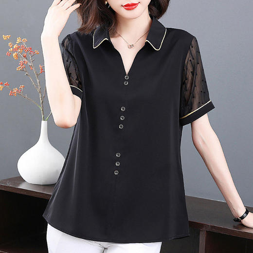 短袖衬衫女雪纺夏季薄款高端时尚洋气大码黑色上衣2026年新款夏装 商品图1