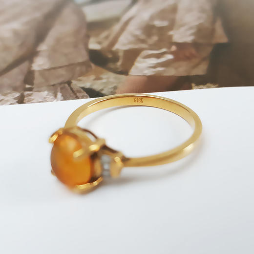 【天然正品】AU750黄金镶钻镶天然近1克拉火欧珀（好运、浪漫）蛋面戒指11号（戒圈可改）281025AH47 商品图5