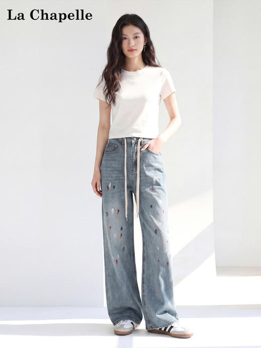 天猫同步【泼墨艺术感】拉夏贝尔/La Chapelle多人自留墙推！高腰抽绳裤袢彩印直筒拖地显瘦牛仔裤 商品图1