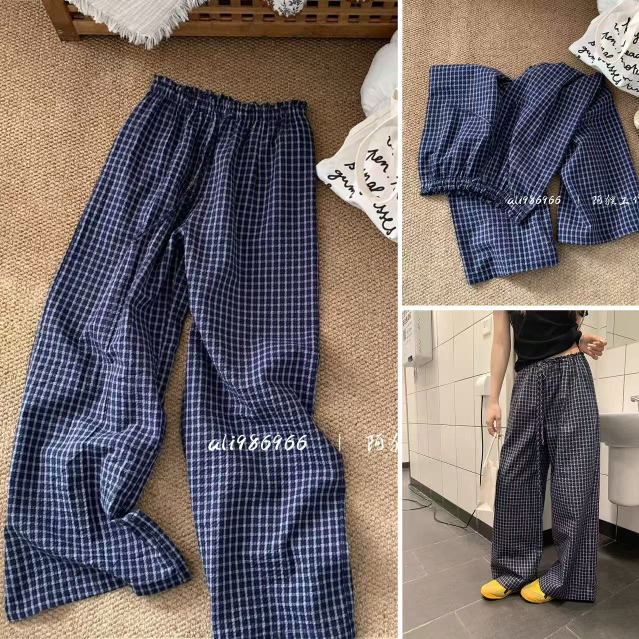 【东大门原单】出口韩国，赵露思同款藏青格子裤，进口泡泡面，舒适百搭