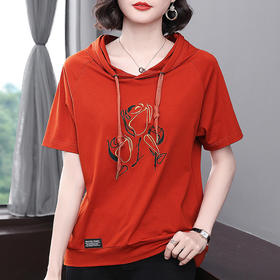 红色连帽短袖t恤女夏季2026年新款大码宽松休闲百搭半袖体恤上衣