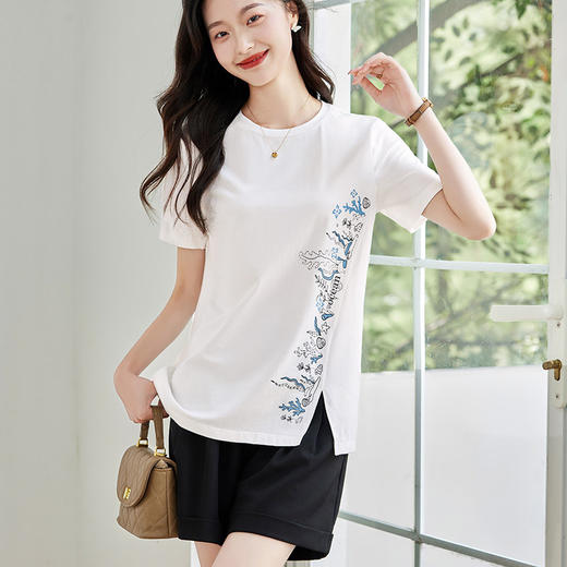 芳妮诗纯棉短袖T恤女2026年夏季新款大码女装中长款白色宽松上衣 商品图1