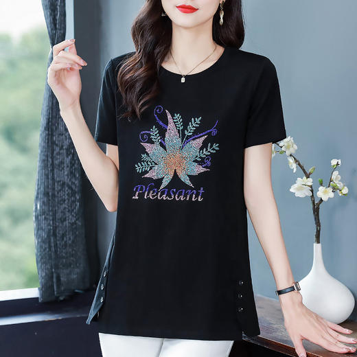 中长款女t恤夏季新款纯棉大码女装时尚烫钻女士短袖遮肚显瘦上衣 商品图1