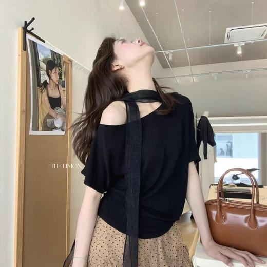 夏季新款纯色斜肩露肩T桖上衣女一字肩宽松修身显瘦百搭上衣   NDK-10338#-LDW 商品图3
