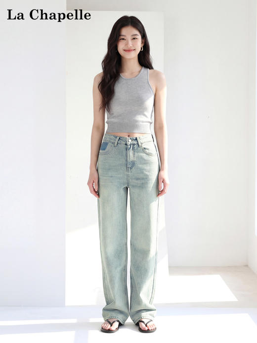 天猫同步【梨形本命裤】拉夏贝尔/La Chapelle高质含棉高腰一粒扣撞色后口袋宽松显瘦阔腿牛仔长裤 商品图2